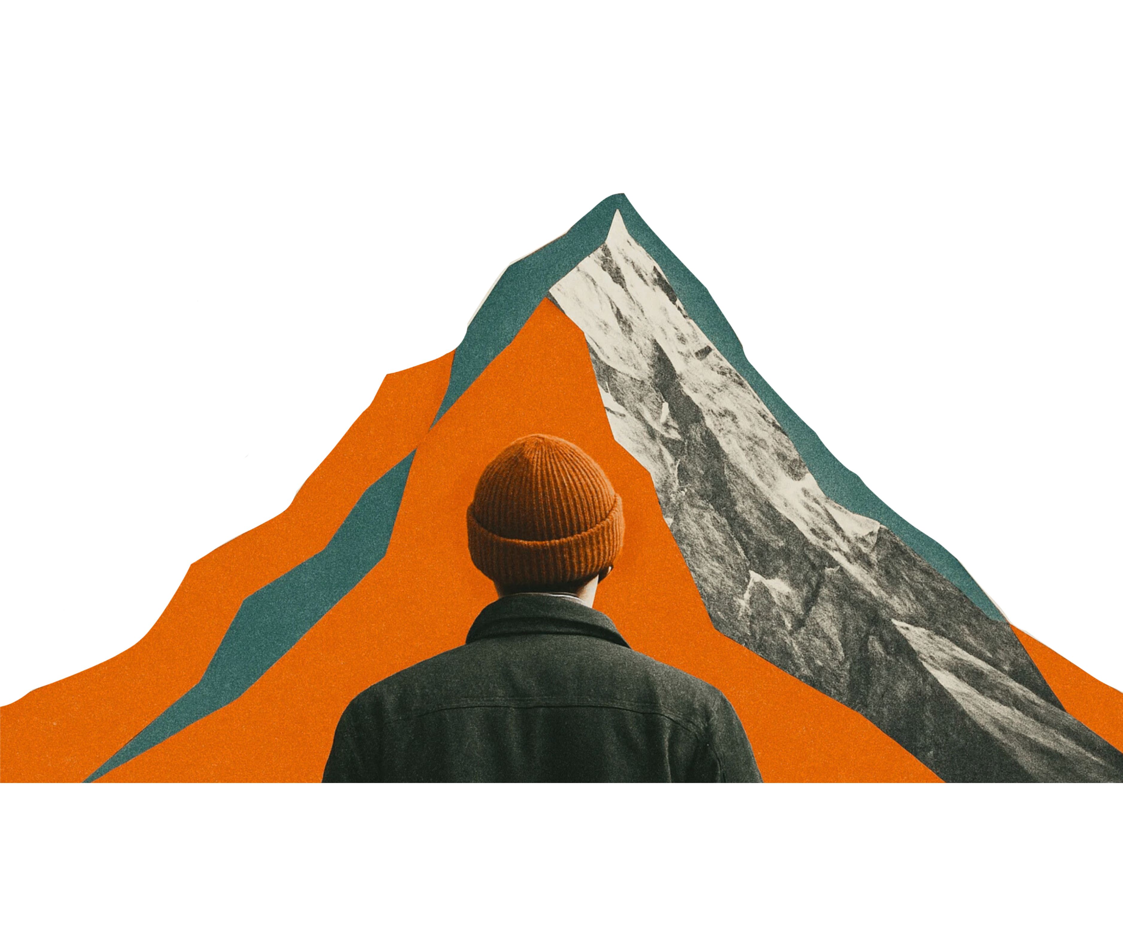Person in orange beanie looking toward stylized mountain landscape with geometric overlays