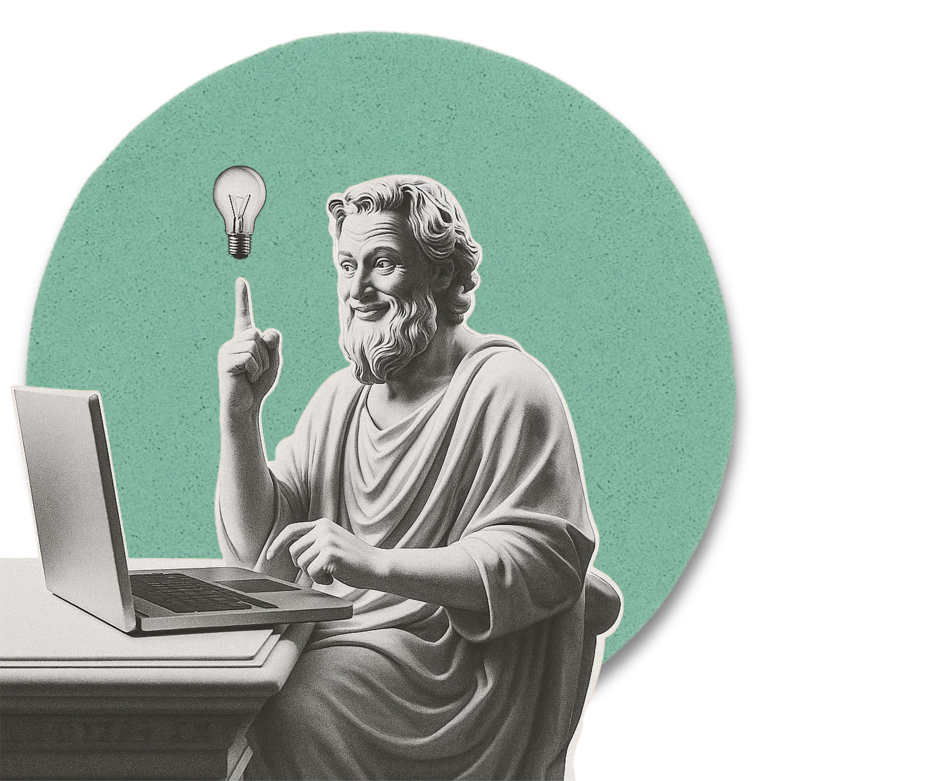 Classical statue having an idea with lightbulb and pointing finger